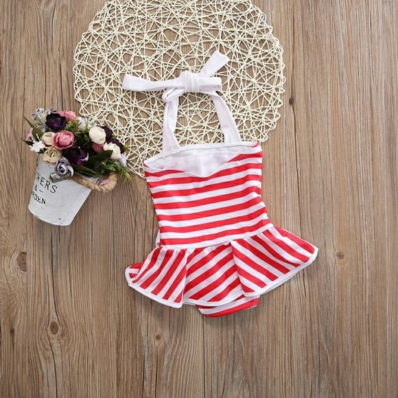 Toddler Red/White Stripped Swimsuit One-Piece - Picture 4 of 5
